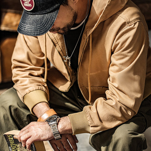 马登工装美式复古J130重磅连帽夹克vintage帆布短款boxy外套男秋 - 图2