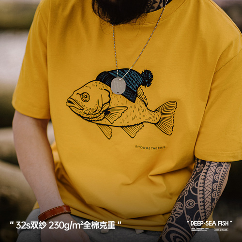 马登工装美式复古深海鱼植绒印花T恤动物纯棉圆领短袖体恤男夏季