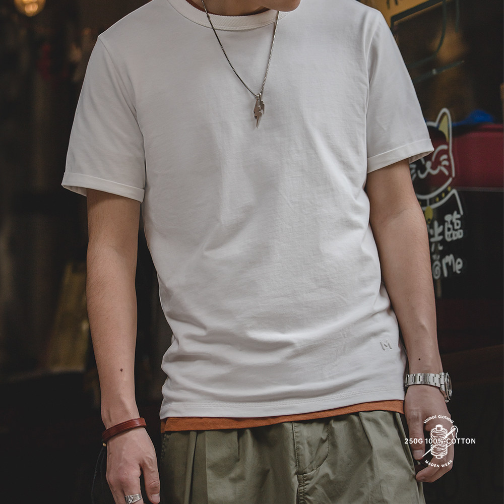 马登工装 美式复古重磅白色二本针T恤薄款圆领内搭短袖打底衫男夏,淘宝优惠券,粉丝福利购,淘宝优惠卷