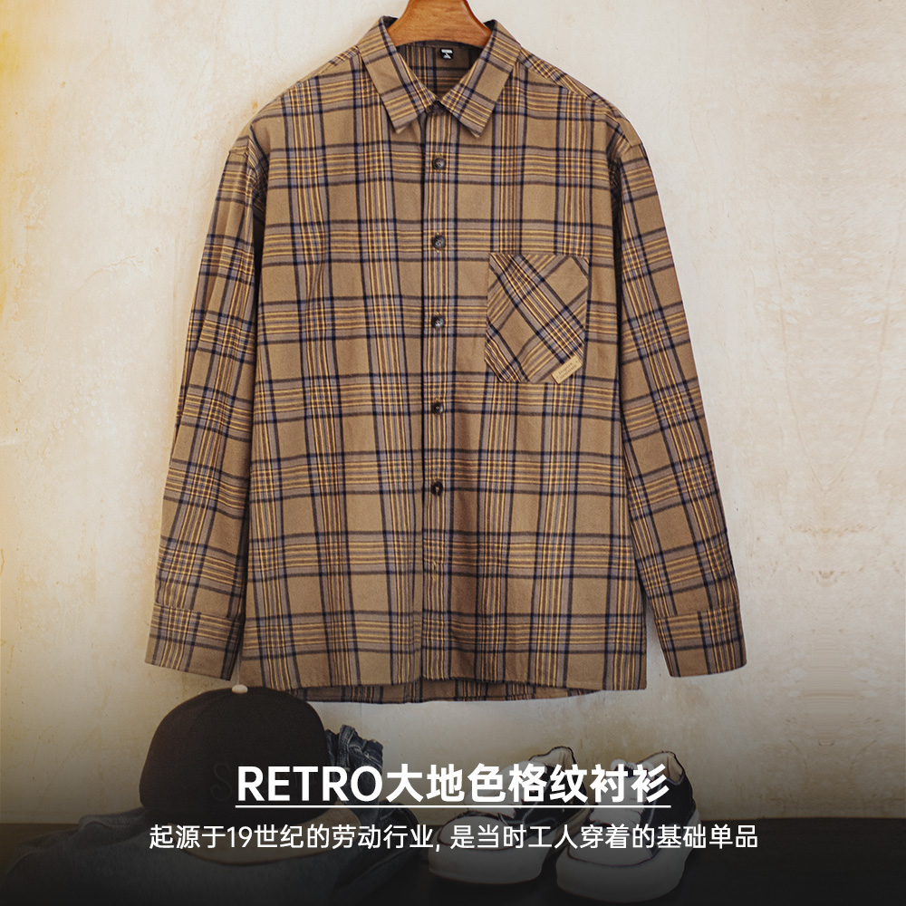 马登工装美式复古格子衬衫薄款长袖纯棉外套式棕色格纹衬衣男夏秋 - 图0