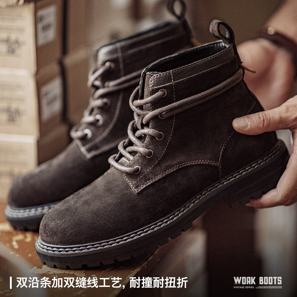 马登工装复古荒野寻棕中帮马丁靴厚底真皮透气休闲鞋男秋新款 - 图0