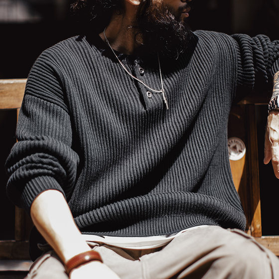 Madden Workwear American Retro Black Knitted Henley Shirt