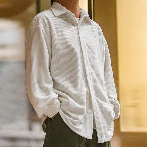 马登工装美式复古提花针织深灰色衬衫长袖条绒外套衬衣落肩袖男秋 - 图2