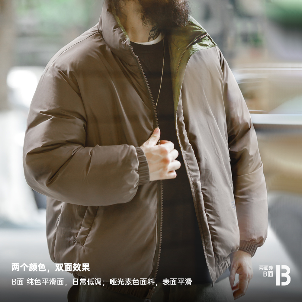 马登工装美式双面穿绗缝羽绒服白鸭绒百搭立领保暖面包服外套男冬 - 图1
