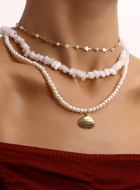 欧美跨境饰品三层珍珠白色松石五