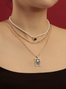 欧美跨境饰品冷淡风三层仿珍珠黑