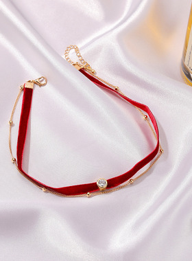 可爱小草莓红色绒布项链复古宫廷风气质双层颈链 新款脖子配饰