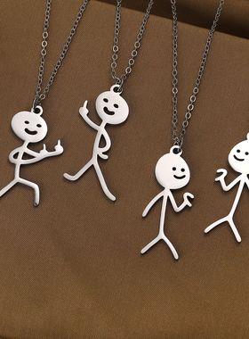 欧美新款可爱趣味卡通火柴人吊坠个性搞怪男女情侣潮流不锈钢项链
