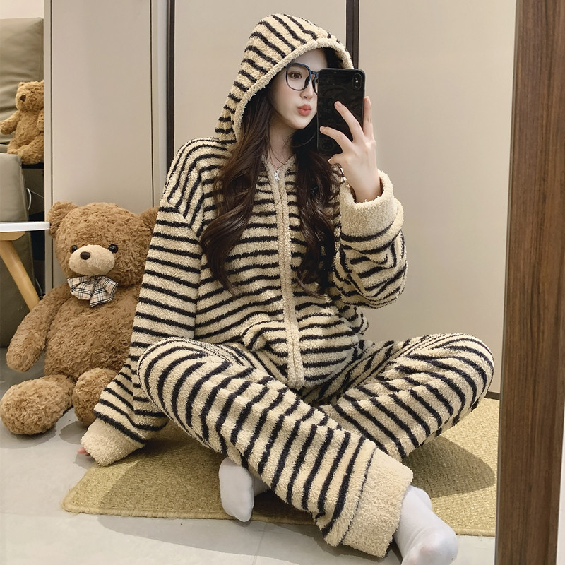 半边绒睡衣女款冬季长袖套装2025新款加厚保暖韩版条纹连帽家居服,淘宝优惠券,粉丝福利购,淘宝优惠卷
