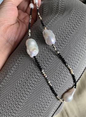 原创设计 3mm天然玉石淡水极光炫彩银蓝小巴洛克珍珠项链锁骨链