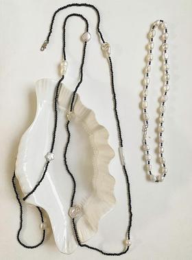 极光原创设计小众极细玛瑙天然淡水异形巴洛克珍珠项链80cm毛衣链