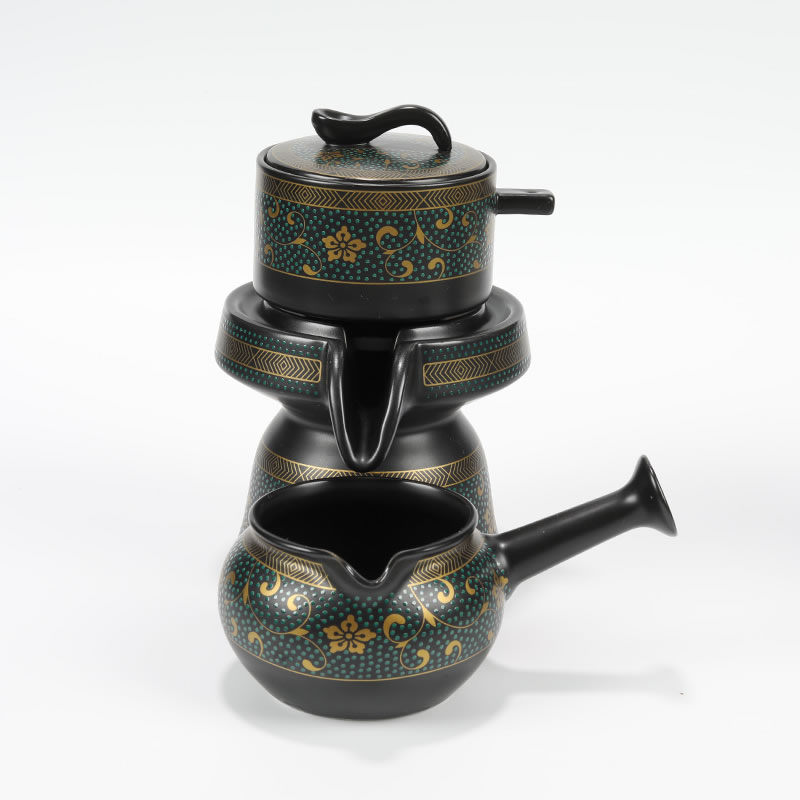 懒人石磨功夫茶具套装陶瓷家用半自动堆花复古旋转泡茶器茶壶茶杯