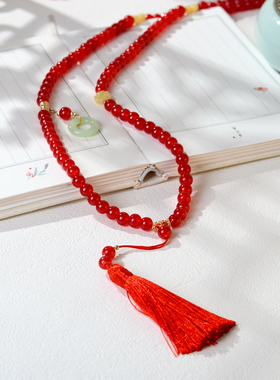 明制古风饰品汉服旗袍璎珞流苏长项链红色中式国风马面裙吊坠配饰