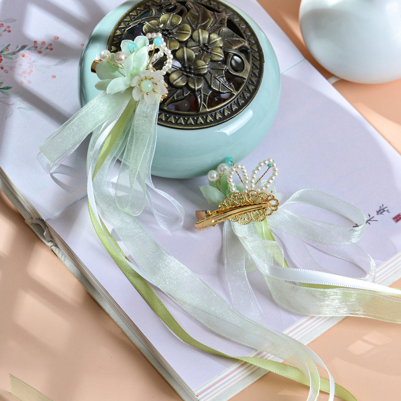 汉服绢花儿童头饰古风发饰宝宝头发卡国风绿色飘带发夹女童配饰品,淘宝优惠券,粉丝福利购,淘宝优惠卷