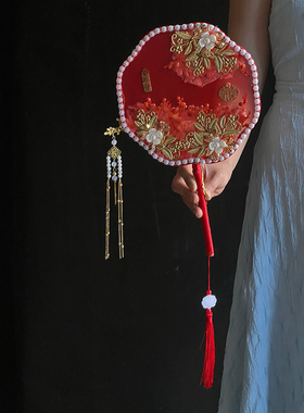 复古红中式婚礼手工新娘出嫁喜扇