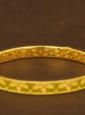 黄金色珐琅树叶手镯复古镂空女款手镯女轻奢古典风格优雅闭口手环