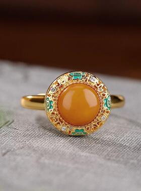 景泰蓝蜜蜡戒指女如意镂空花纹黄琥珀开口指环复古民族风时尚气质