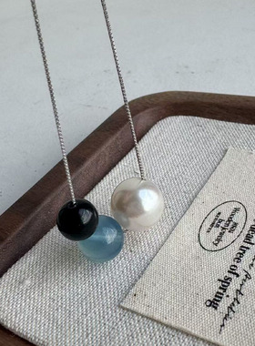 新中式海蓝宝色项链仿黑曜石吊坠女锁骨链转运珠复古蓝色饰品礼物