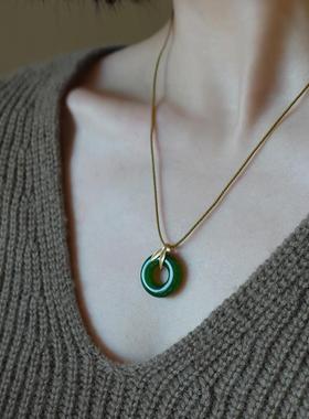 新中式仿玉髓吊坠项链古法金镶玉辣绿竹叶平安环挂件新年礼物饰品