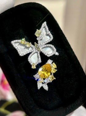 独特奢华黄钻蝴蝶花朵仿贝母镶钻开口戒指百搭时尚高级感手饰女