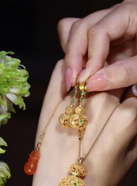 古法镂空花丝葫芦香囊耳环女复古中式宫廷风金色古风汉服旗袍耳饰