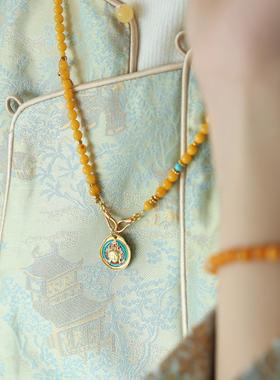 新中式仿蜜蜡项链长款吊坠女小众设计高级感毛衣链个性复古风饰品