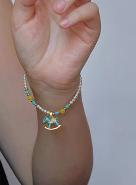 新中式蓝色珐琅木马珍珠项链女款2025新款锁骨链女高级感轻奢配饰