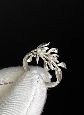 新中式枝叶珍珠银色戒指清冷感时尚轻奢复古国风日常百搭精致戒指