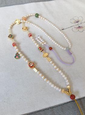 仿母贝珍珠编绳项链翡翠多宝挂绳平安锁金锁高端玉坠白色毛衣链