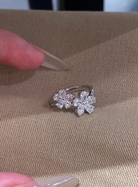 清冷感爆闪银色双生花开口镶钻戒指小众设计高级感精致轻奢款指环