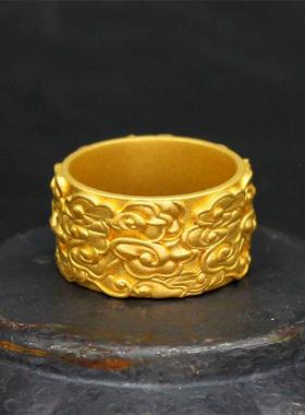 古法黄金色祥云戒指宽版男食指戒霸气加大指环轻奢复古质情侣对戒