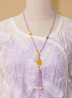 新中式紫锂辉双挂钩项链万用能链辣绿翡翠吊坠挂链仙气紫色毛衣链