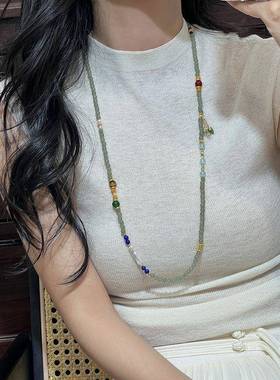 多宝青玉项链女串珠设计和田玉强光轻奢感新中式银条仿珍珠毛衣链