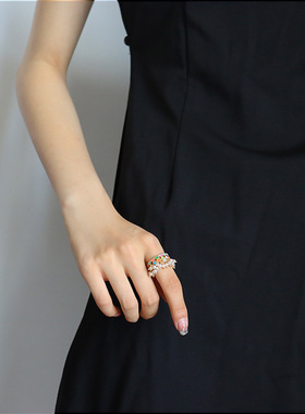 多巴胺滴油棋盘格流苏女戒百搭