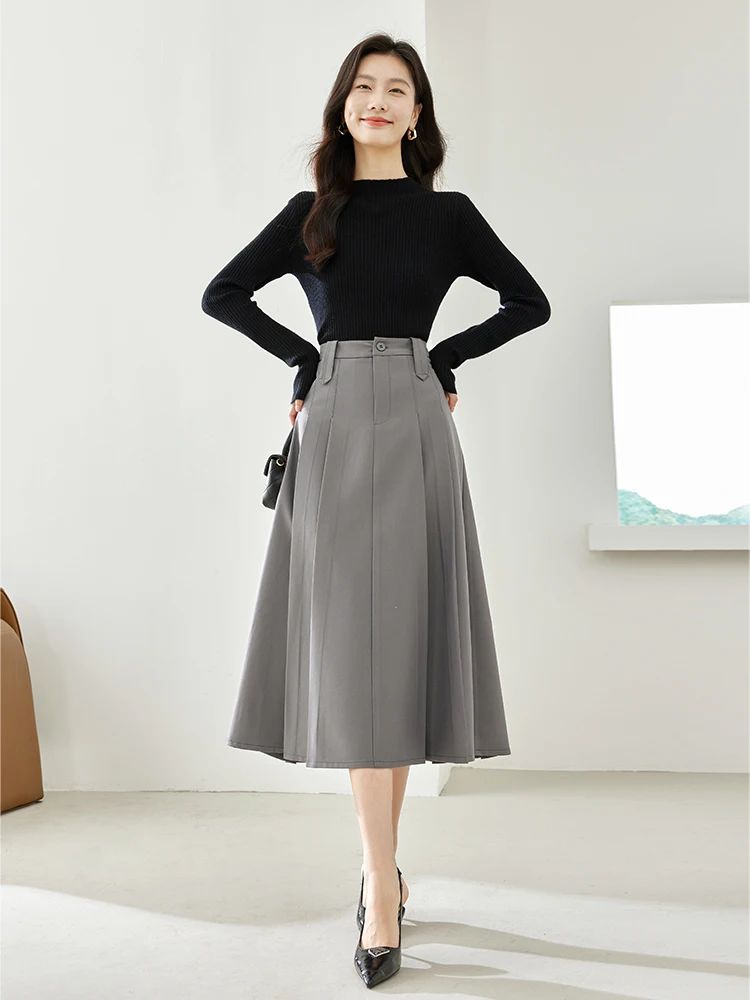 Vimly Women Grey Pleated Skirt 2023 Autumn Fashion Solid Off