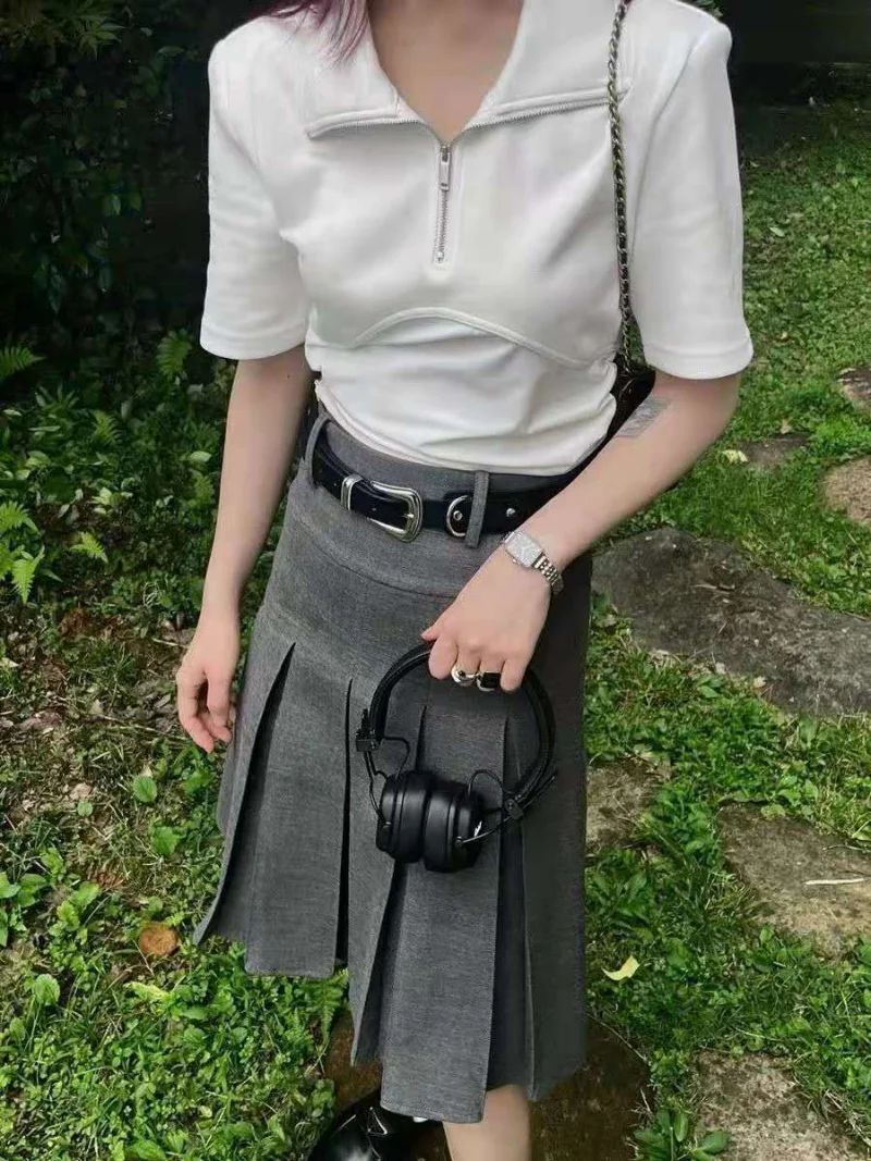 Korean Style Pleated Midi Skirt Women Harajuku Academia Scho-图1