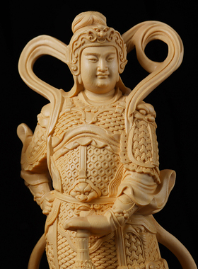 关公珈蓝韦陀尊者左右护法神像摆件桧木雕刻家居装饰品实木工艺品