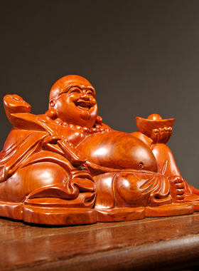 花梨木雕弥勒佛像摆件实木坐笑佛雕刻工艺品家居客厅装饰开业送礼