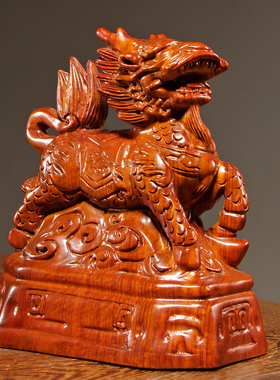 花梨木雕麒麟摆件实木质一对雕刻麒麟工艺品家居客厅玄关装饰摆设