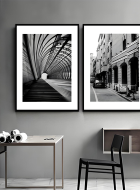 现代简约黑白建筑风景三联装饰画