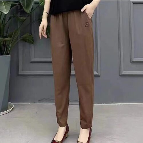 春秋款纯棉中老年女士裤子高腰水洗布弹力抗皱妈妈哈伦直筒休闲裤 - 图1