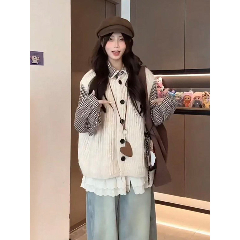 秋季一整套装甜美学院风杏色针织马甲开衫毛衣女蕾丝拼接格纹衬衫,淘宝优惠券,粉丝福利购,淘宝优惠卷