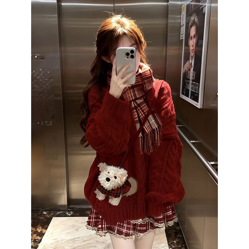 圣诞氛围感红色麻花毛衣格纹吊带蛋糕裙套装女冬季新款穿搭两件套,淘宝优惠券,粉丝福利购,淘宝优惠卷