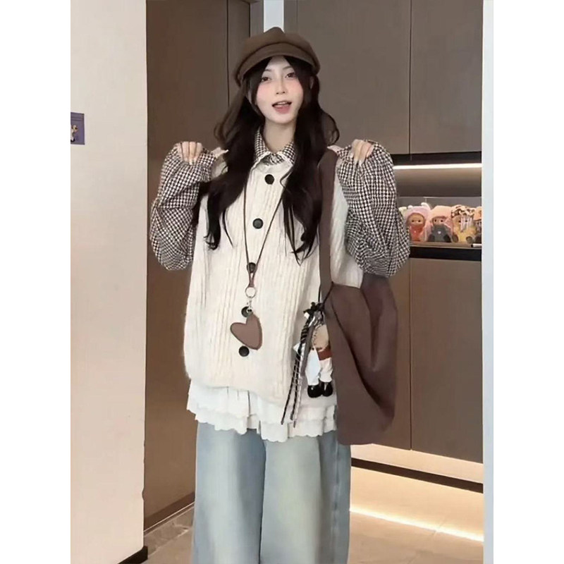 秋季一整套装甜美学院风杏色针织马甲开衫毛衣女蕾丝拼接格纹衬衫,淘宝优惠券,粉丝福利购,淘宝优惠卷