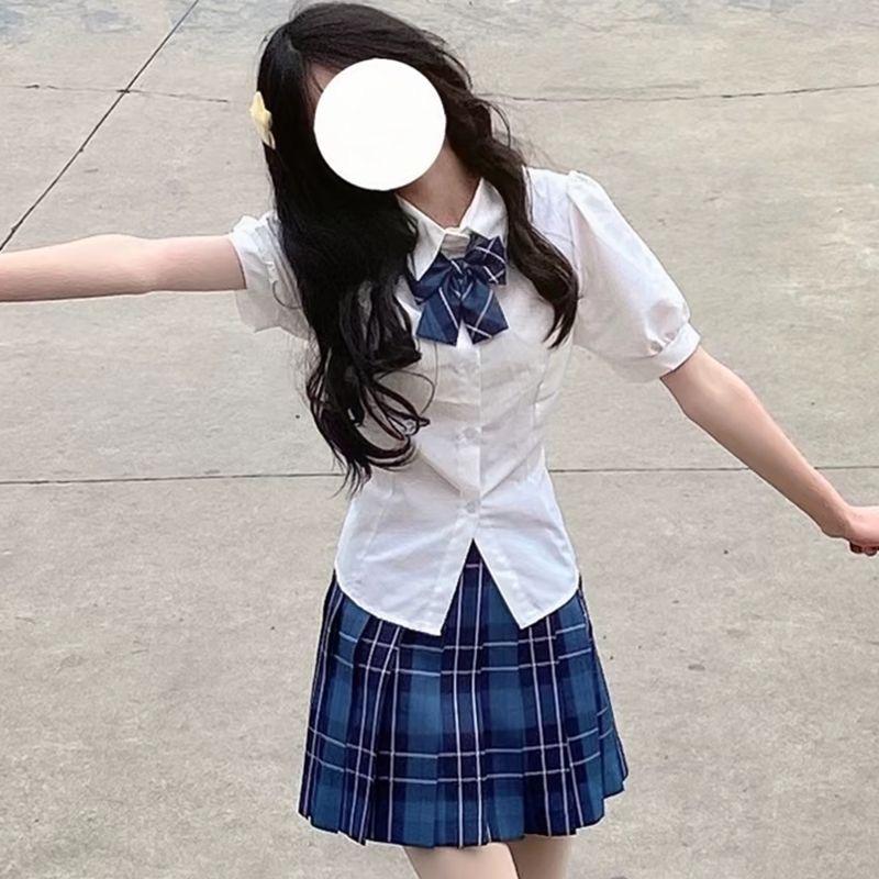 jk制服收腰衬衫上衣女短袖原创夏季学院风泡泡袖白色衬衣jk套装女-图2