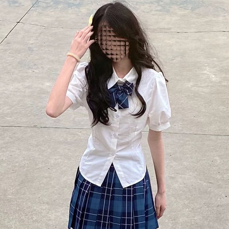 jk制服收腰衬衫上衣女短袖原创夏季学院风泡泡袖白色衬衣jk套装女-图0