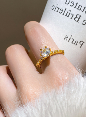 单颗锆石金色开口戒指高级感指环