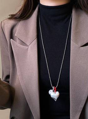 银色拉丝爱心棉花珍珠吊坠项链