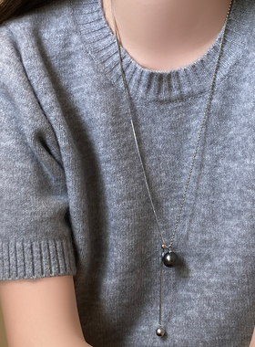 亚麻灰单颗珍珠可调节项链毛衣链