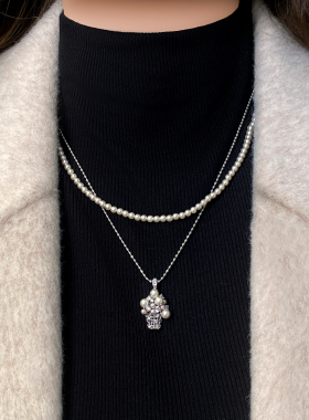 双层叠戴银色珍珠篮子吊坠项链